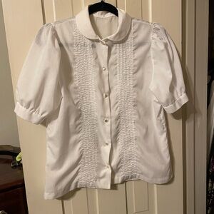White Short Sleeve Blouse with Pleated Front Peter Pan Collar